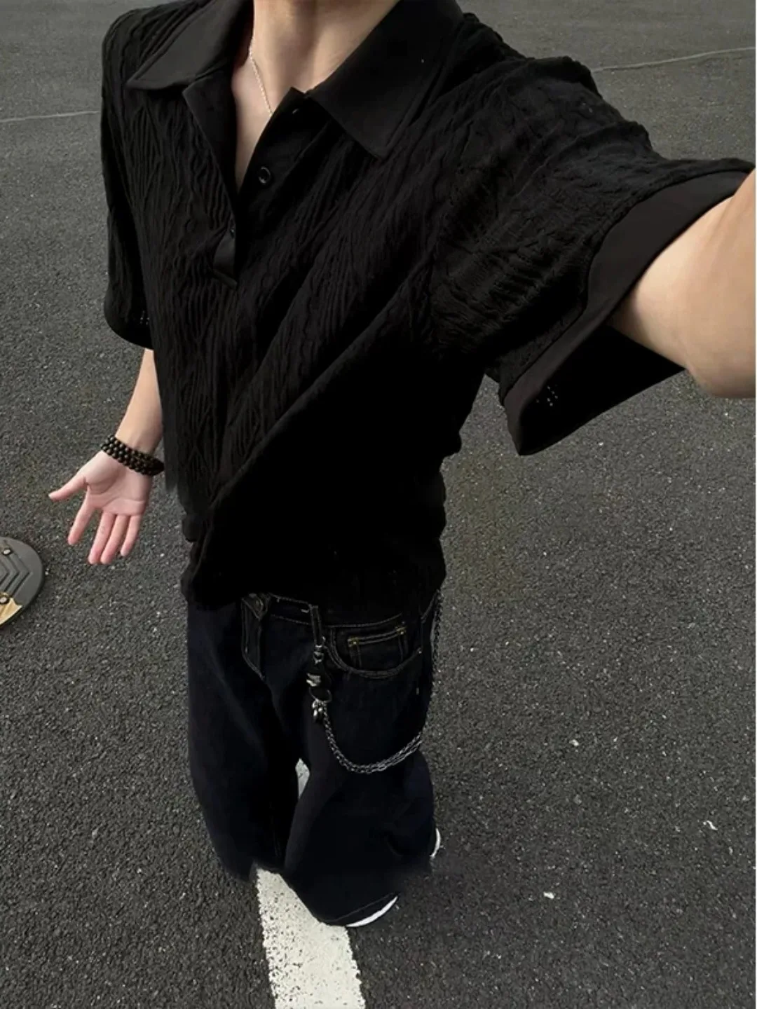

Black Textured Short Sleeve Shirt Men's Summer Stylish Turn-down Collar T-shirt Cleanfit Shoulder Half Sleeve Knitted Ho...