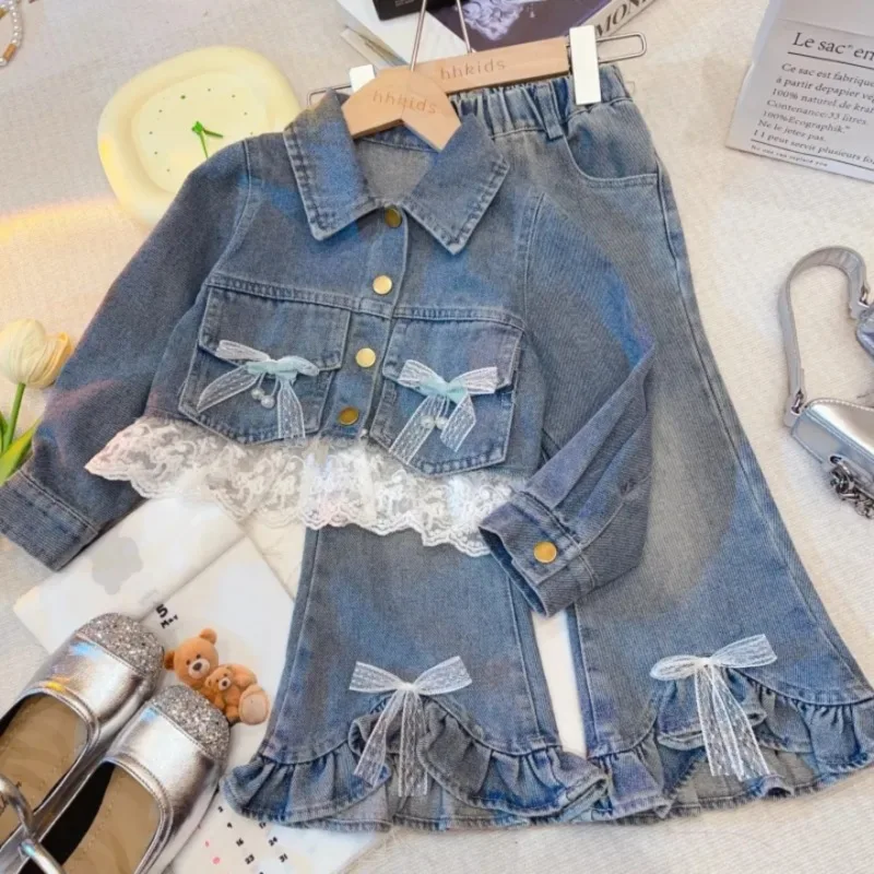 

2025New Girls' Spring and Autumn Fashionable Outfit Trendy Internet Celebrity Autumn Children's Denim Jacket Flared Pants Two-Pi