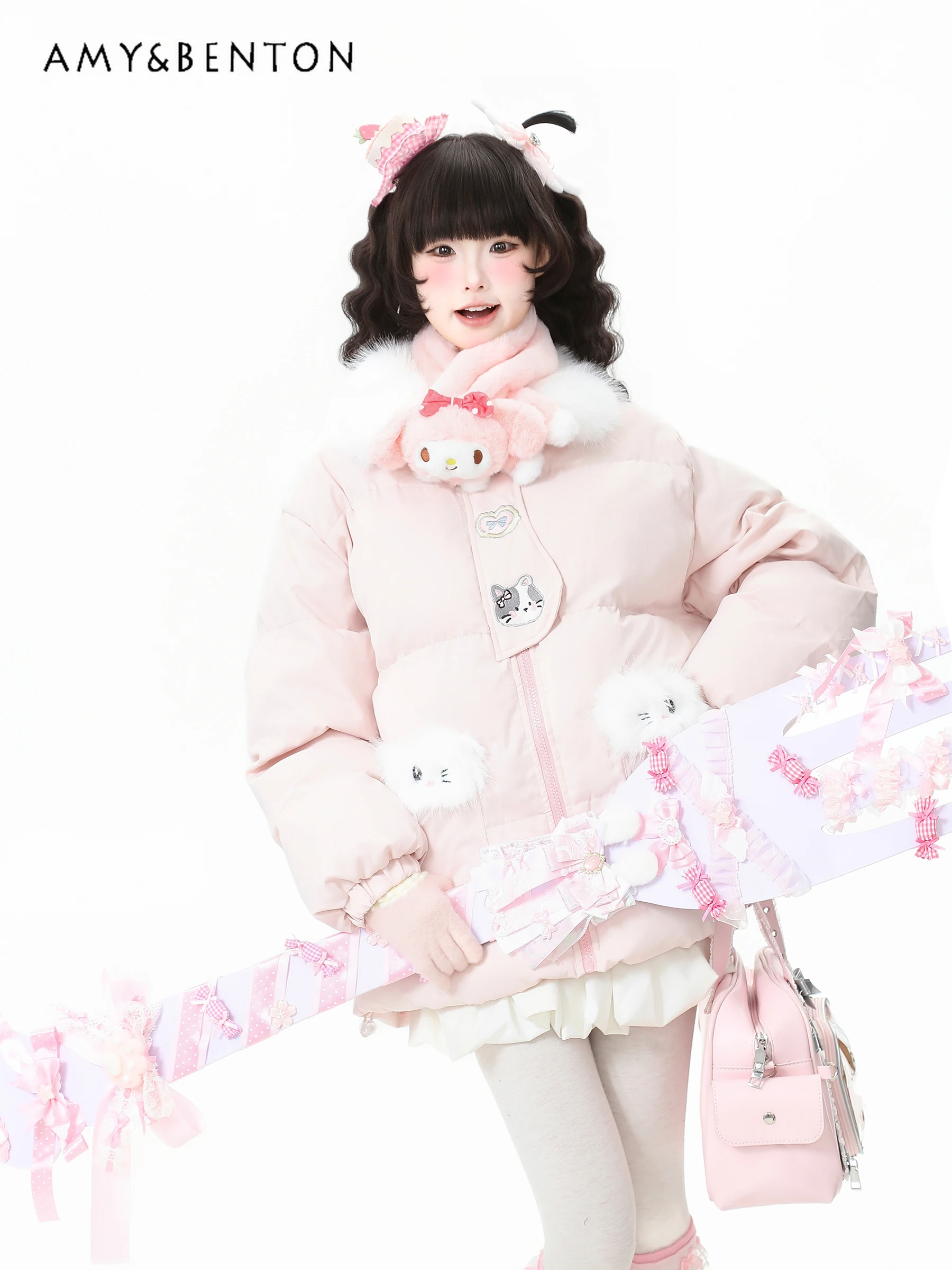 سترة قطنية مطرزة على شكل قطة سميكة باللون الأزرق اللطيف للنساء معطف قطني دافئ وردي مشمش للشتاء #1