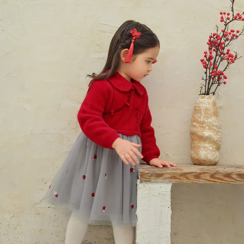 Dave Bella Girls Sweater Dress Autumn Winter Children Velvet Mesh Skirt Long Sleeve Outerwear Gentle Casual Kids Dress DB4243353