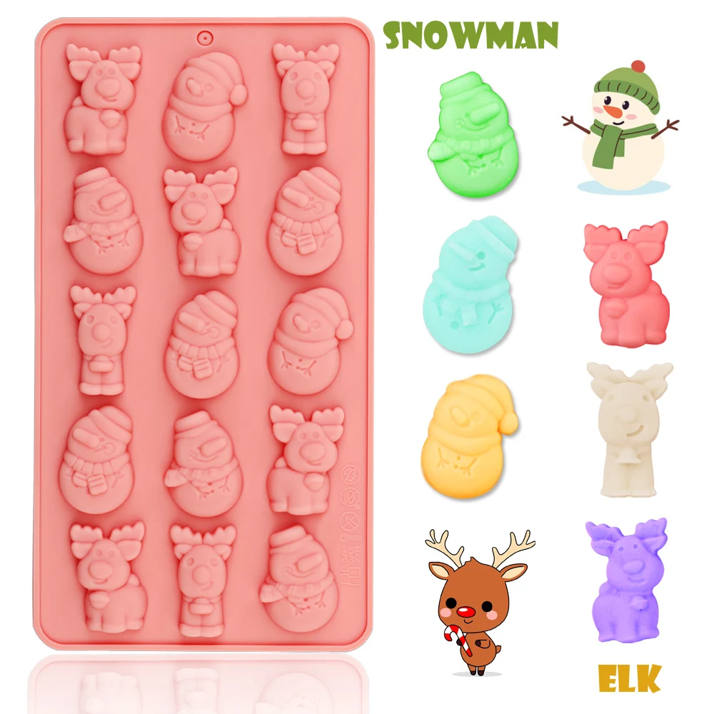 15-Cavity Christmas Snowman and Reindeer Silicone Mold, Designed for Holiday Baking, Suitable for Making Mousse, Chocolate, Fondant, or Handmade Soap The Mold Is Made of Food-Grade Silicone Material, Which Is Safe, Non-Toxic, Heat-Resistant, and Easy to Demold. the Finished Product Is Three-Dimensional and Cute, and Can Be Used Directly as Christmas Decorations or Gifts.