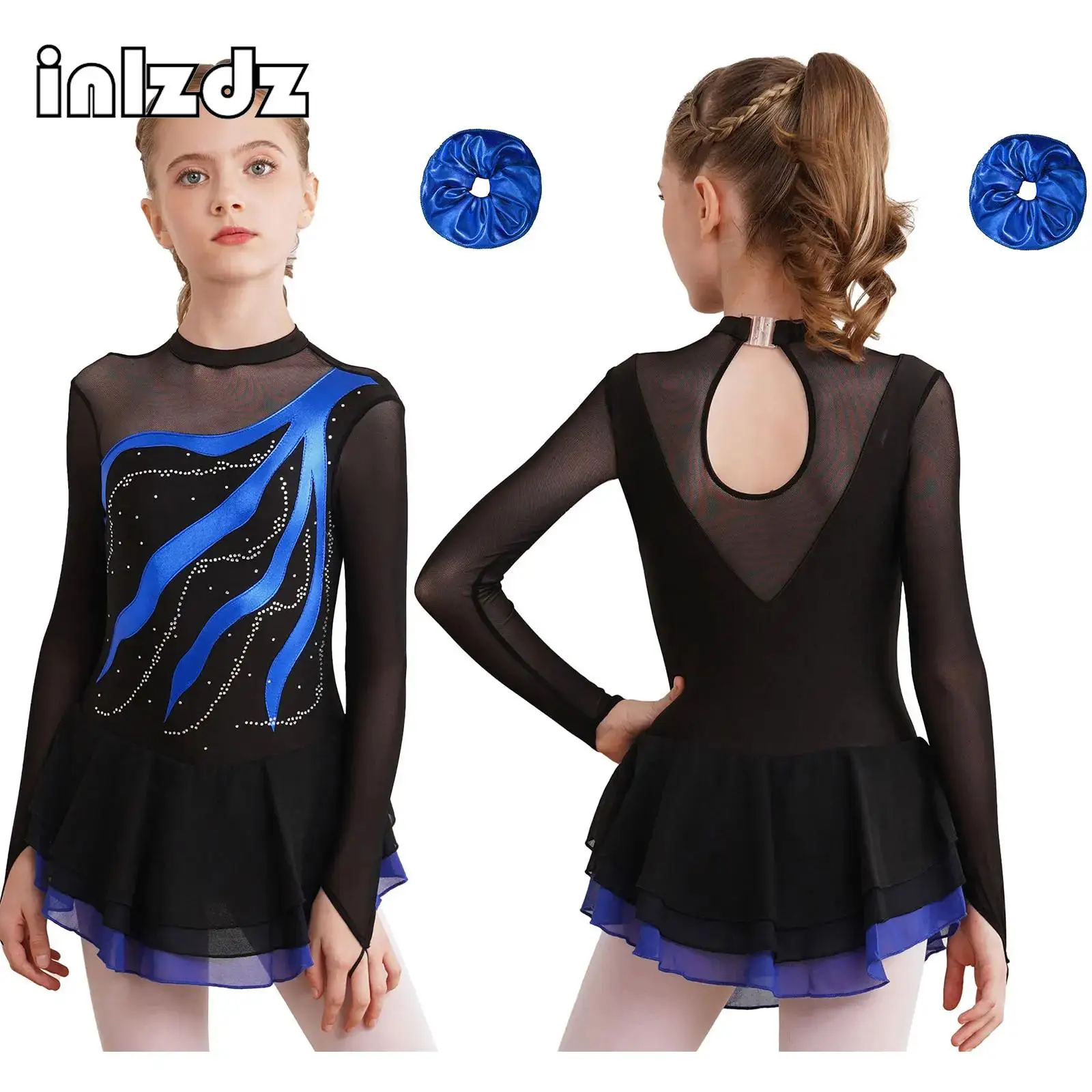 

Kids Girls Lyrical Dance Outfit Long Sleeve Shiny Rhinestone Patchwork Hollow Back Dance Dress with Hair Band Performance Wear