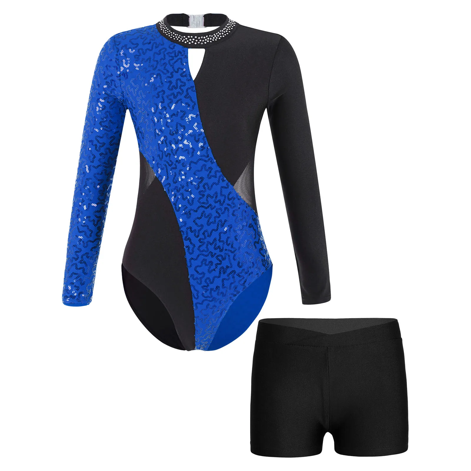 

Kids Girls Ballet Dance Performance Costumes Long Sleeve Hollow Back Contrast Color Shiny Sequins Patchwork Leotard with Shorts