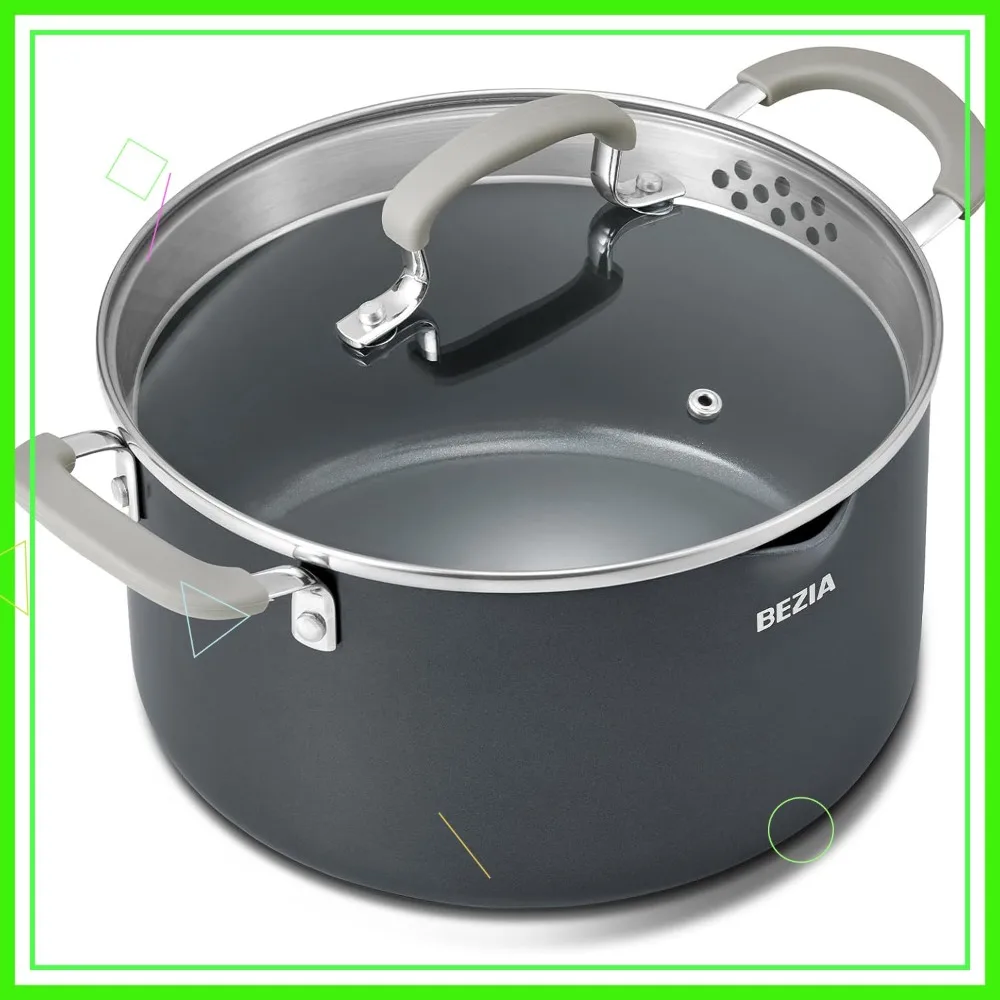 

6 Quart PFAS-Free Ceramic Nonstick Stock Pot with Lid, Strainer, Induction Compatible, Dishwasher Safe