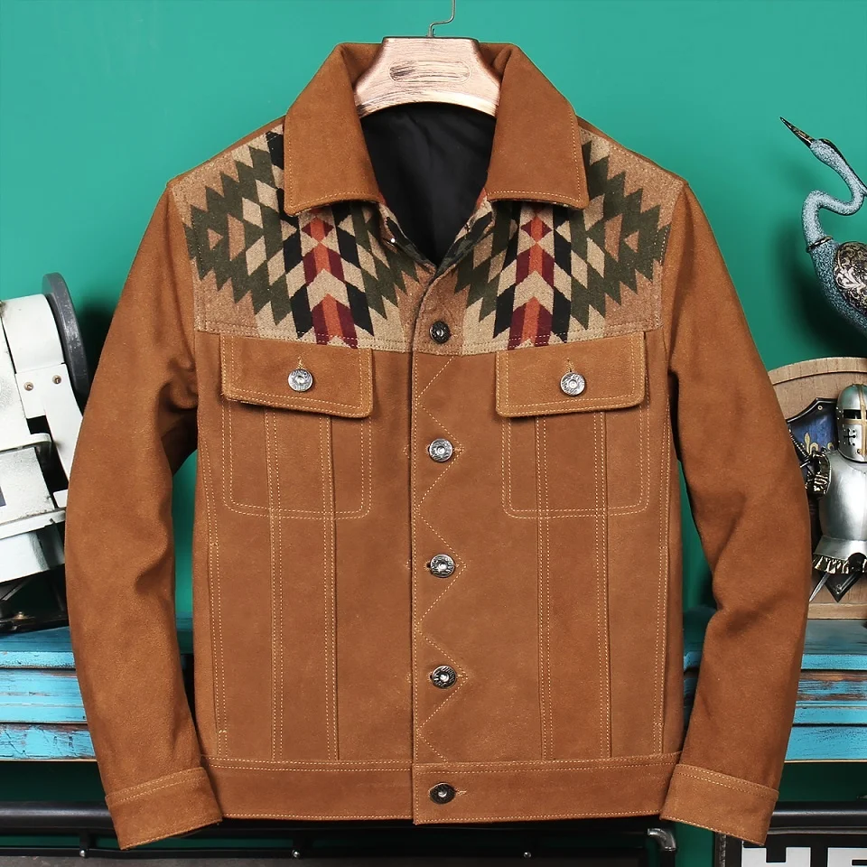 shipping.2023 brand new Free popular cow leather jacket.Spliced men thick leather coat.brown Cow Suede leather clothes