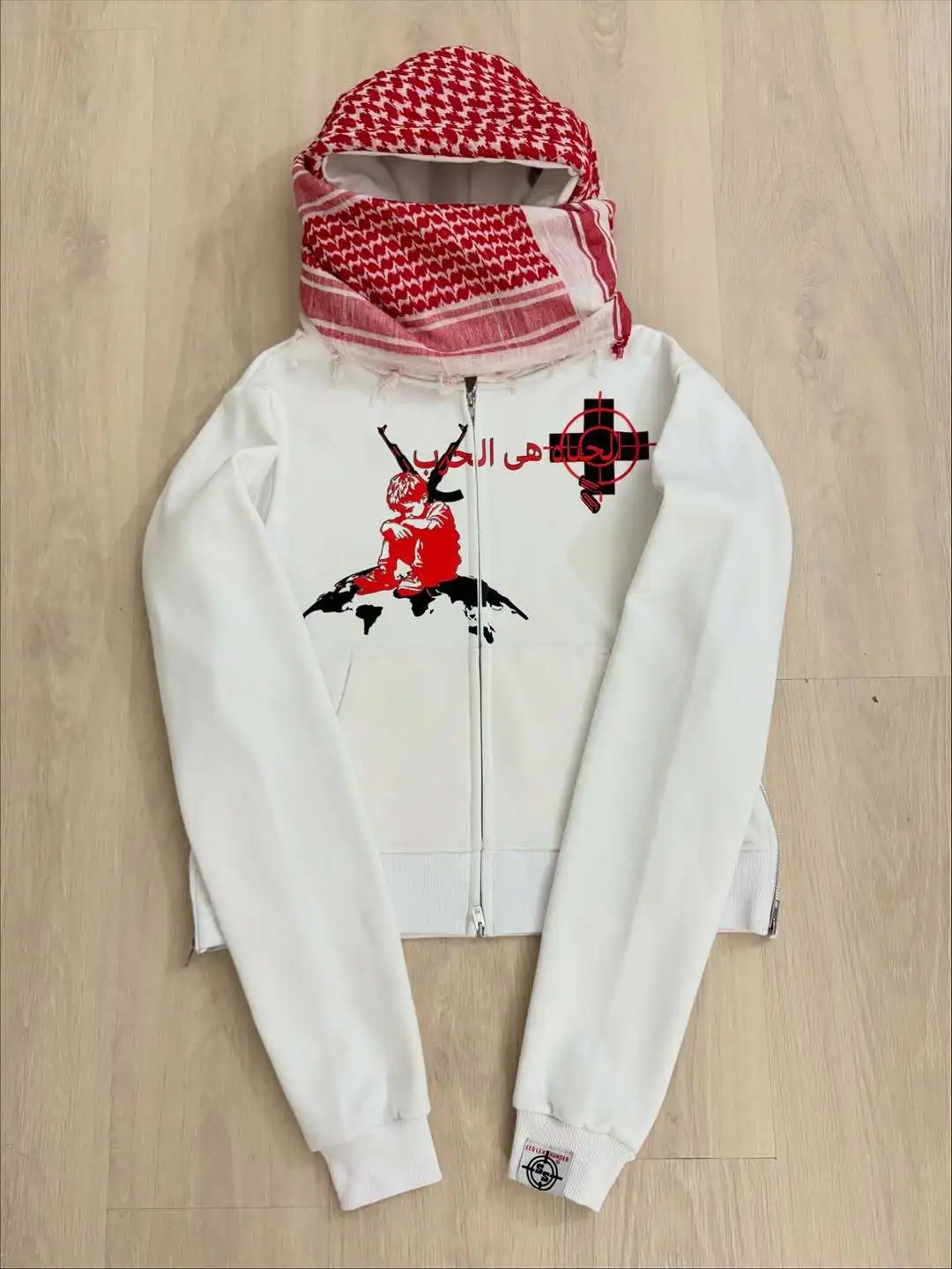 Cropped Zip Hoodie Fringe Keffiyeh Hood vintage Graphic Goth Y2K Youth Street Snapshot Downtown Hangout Spot Travel Trips