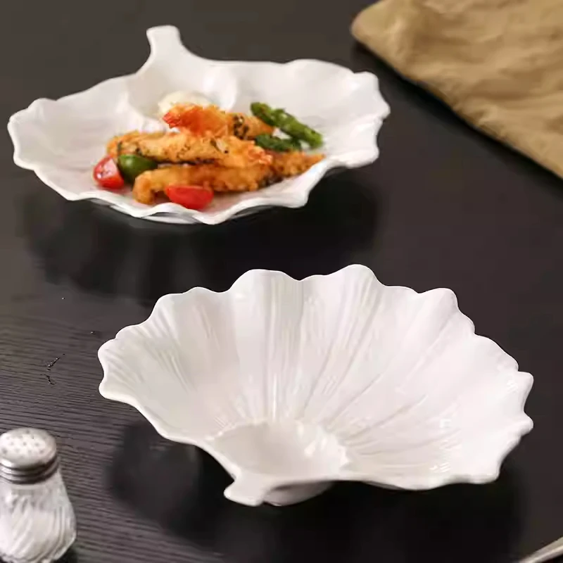 

Ceramic Maple Leaf Dumpling Plate Exquisite Snack Plates with Dipping Dish Relief Stone Pattern Kitchen Tableware 9 Inch Plate