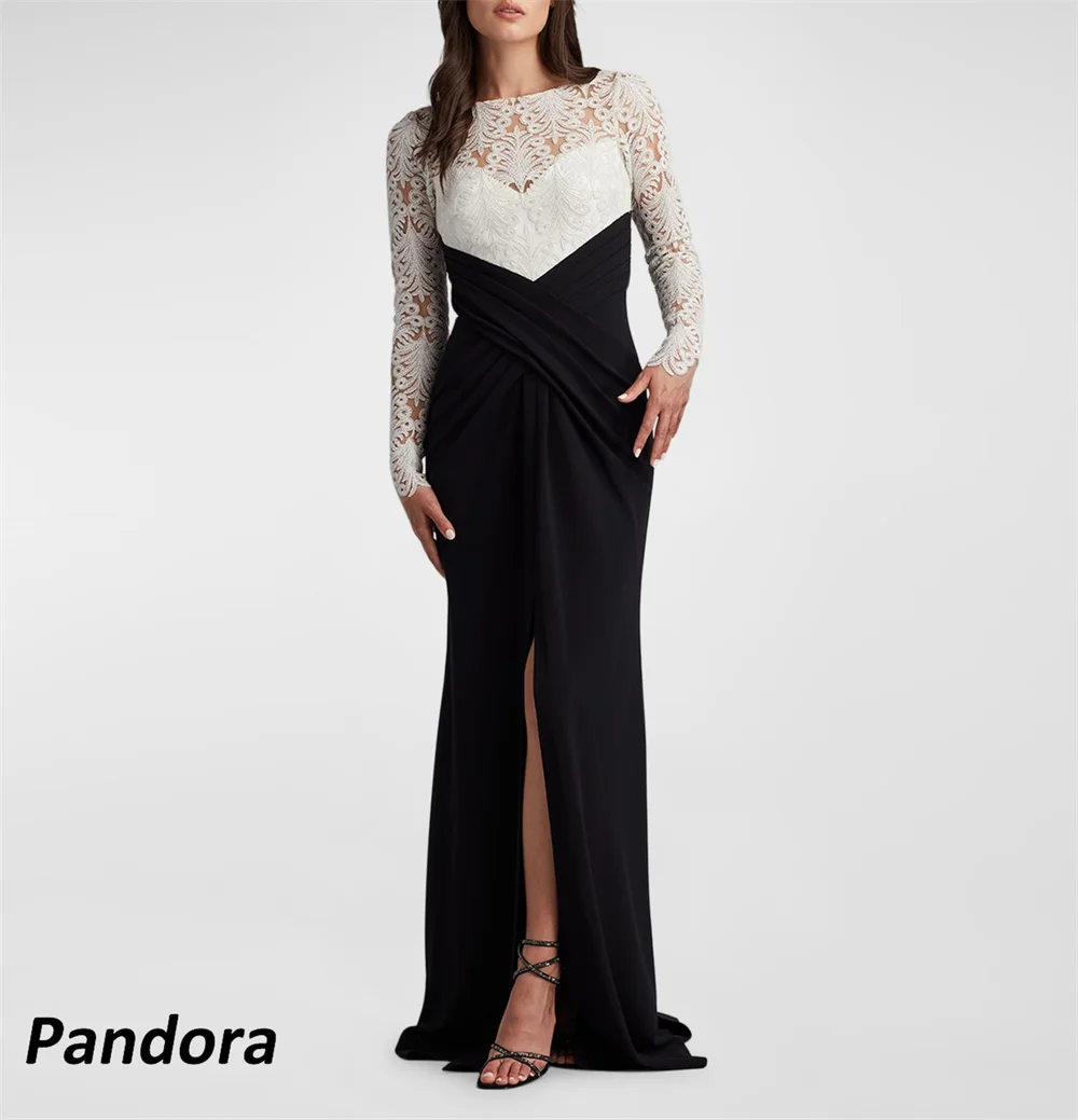 

Pandora Black Contrast Color Evening Gown Lace Pleated Mermaid with High Slit Women's wedding Banquet Party Dress