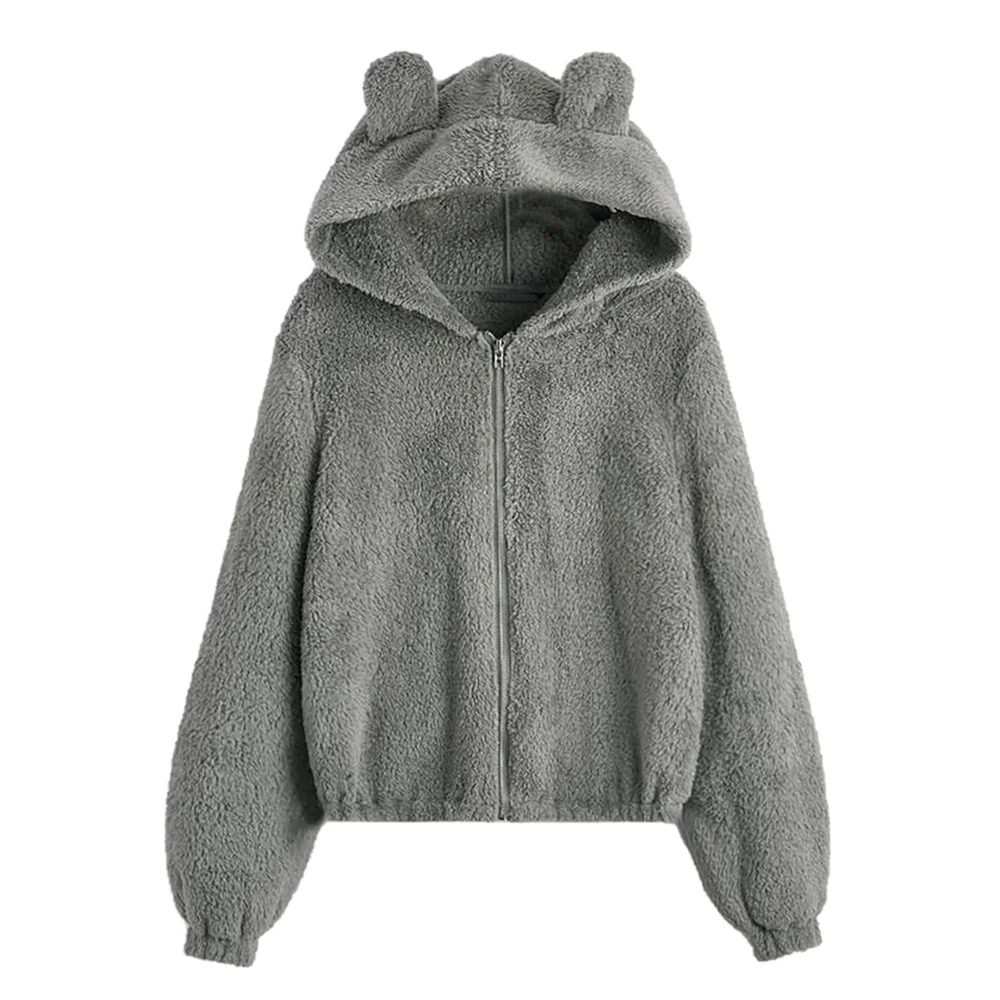 Cute Plush Bear Ear Hooded Coat Plush Bear Ear Hooded Cardigan  Suitable For Weather Cooling