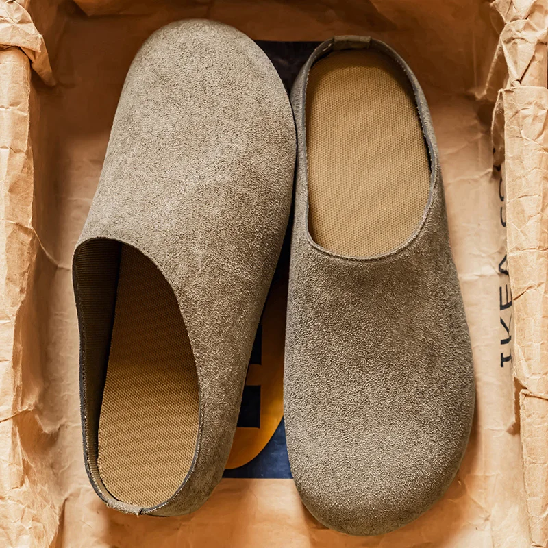 Zapatillas Retro de Color Sólido para Hombre, Sandalias Planas con Tira Trasera para Mujer, Zapatos de Punta Redonda de Ante, Zuecos para Otoño, Sandalias de Punta Cerrada