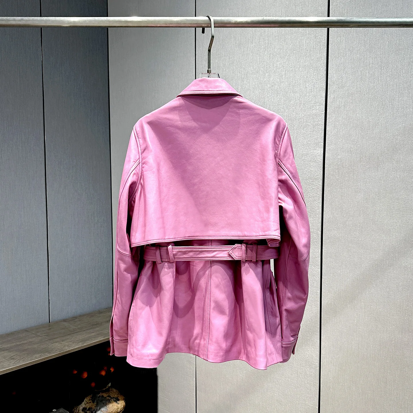 2025 Autumn Women's Faux Leather Jacket-Fake Two-Piece Style Color Block Collar Long Sleeve with Waist Belt Mid-Length Outerwear