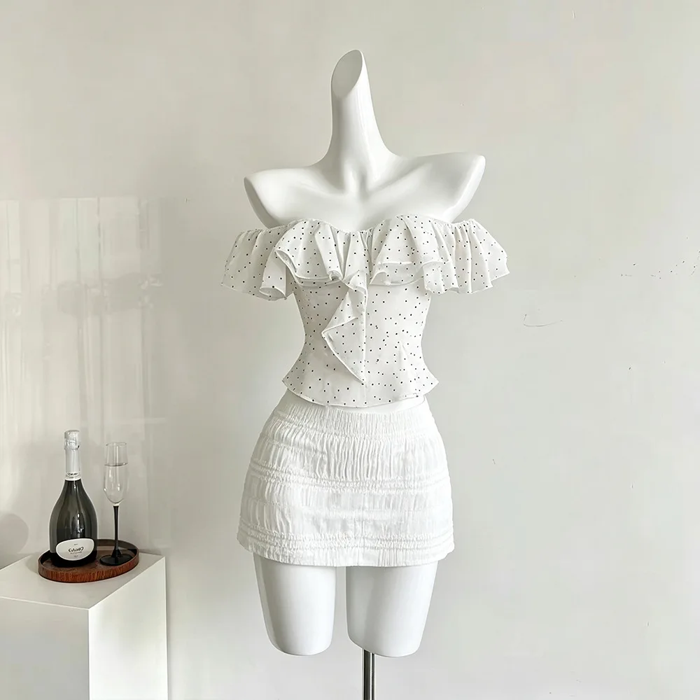 

2026 Summer New Women Ruffle Fishbone Off Shoulder Polka Dot Top Slim Two Piece Set Hip Wrap Skirt Casual Matching Outfit