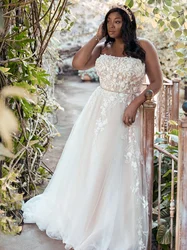 Fall In Love Sexy Strapless Wedding Dress Sleeveless Flowers Appliques A-Line Tulle Floor-Length Bridal Gown Plus Size Vestidos