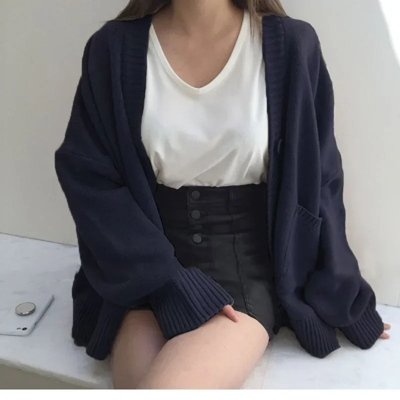 Cárdigan de gran tamaño de Color liso para Mujer, ropa de Otoño Invierno, suéter informal elegante de punto grueso, Tops, jersey para Mujer