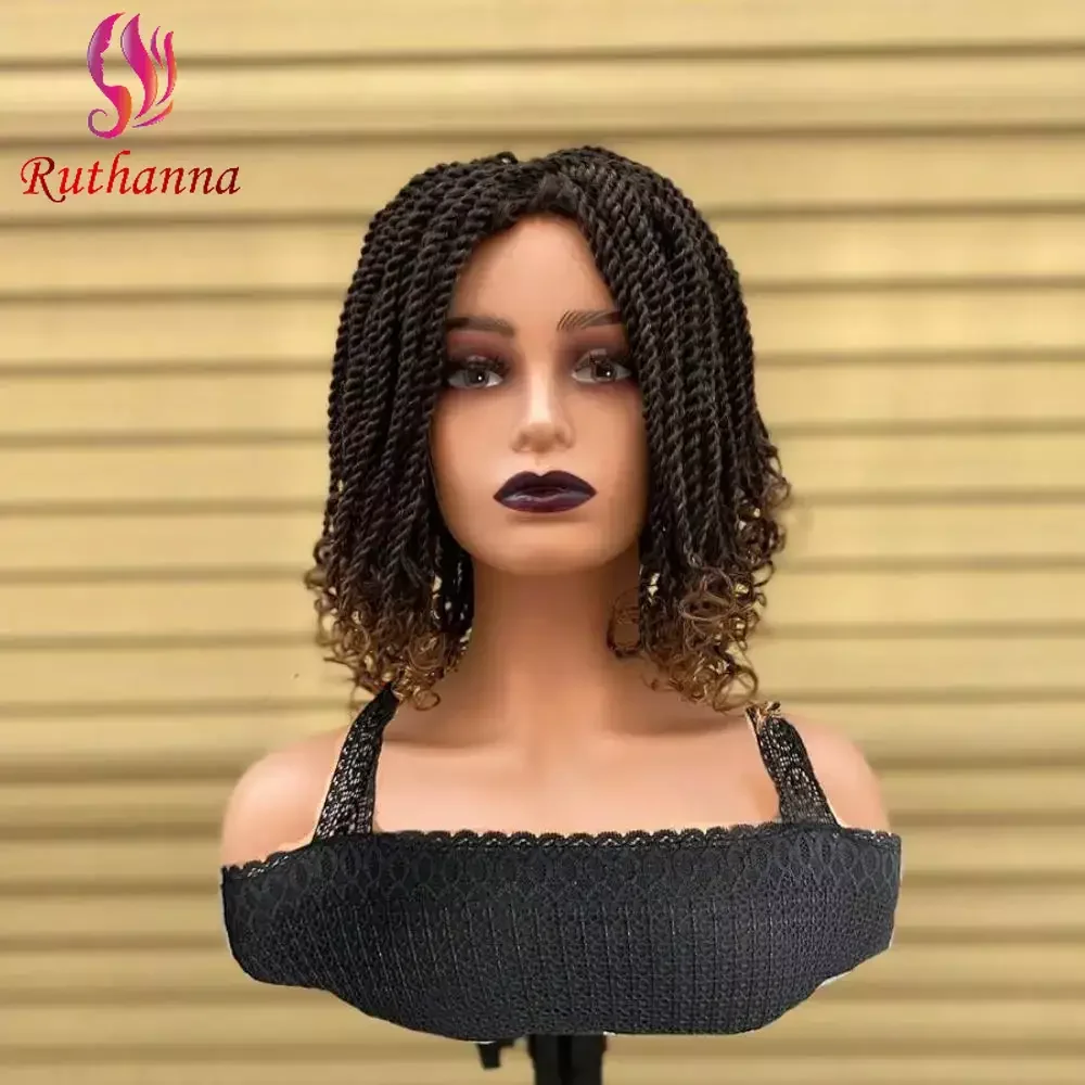 Box 3x Twist Braided Wigs Synthetic Short Bob Afro Dreadlocks Wig For Black Women Middle Part Tail Curl Braids Wig Daily Use