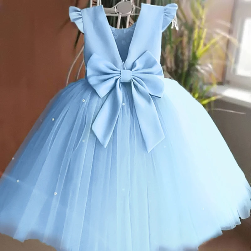 

Wedding Party Girl Dress Backless Bow Tulle Lace Dress Christening Dress Party Host Evening Dress Blue Evening Dress