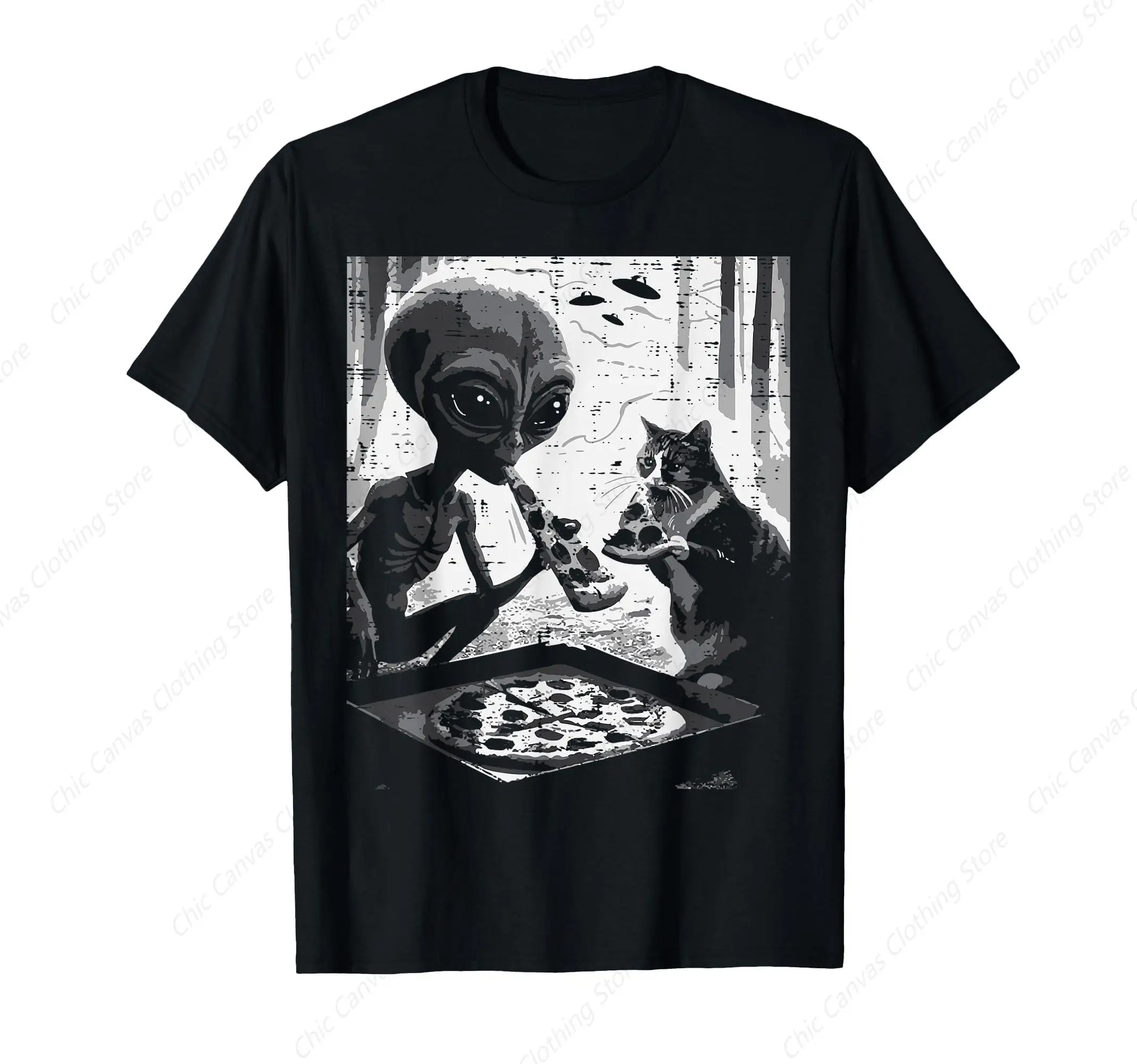 

Aliens And Cats Eat Pizza Printed Men'S Shirts Interesting Snacks Men'S And Women'S T-Shirts Pure Cotton Cool And Fashionable