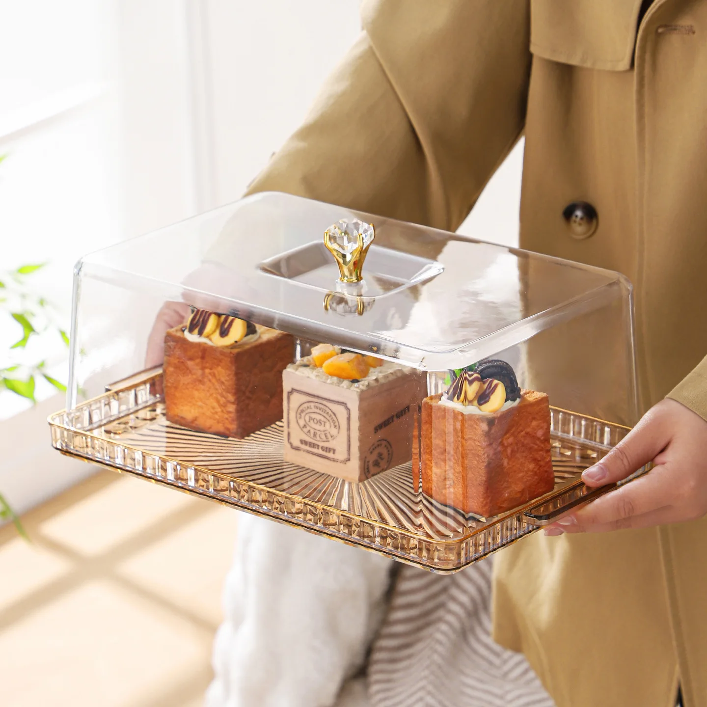 Bread cake display tray, afternoon tea, snacks, fruit tray, acrylic dessert tray with lid