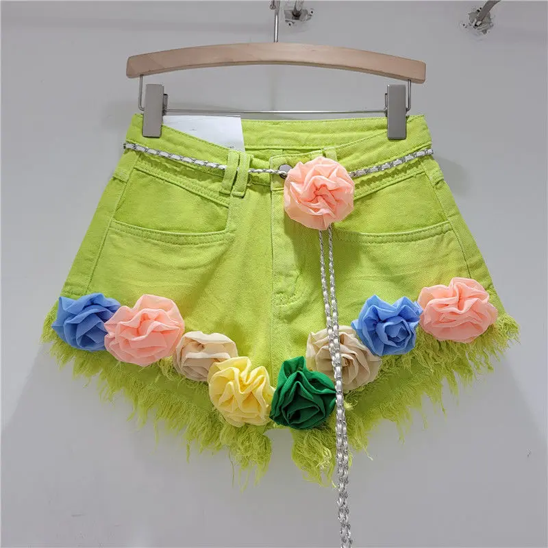 Handmade 3D Flowers Slim Denim Shorts Women Summer Autumn High Waist Short Jeans Trousers Floral Embroidery Pantalones