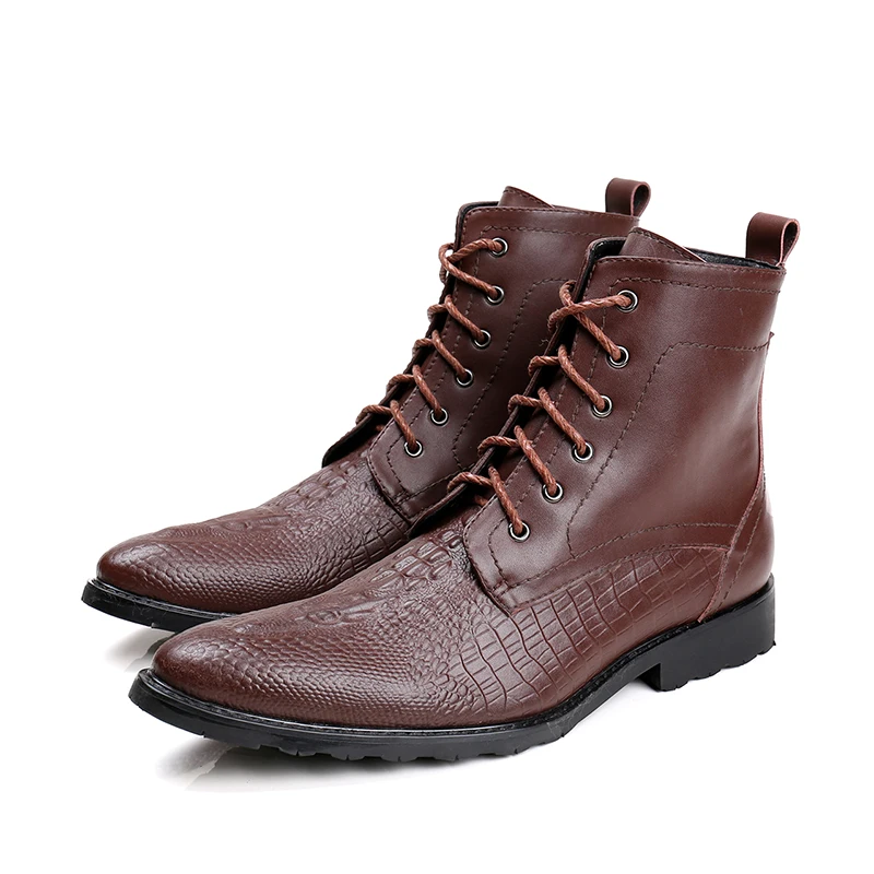 

Christia Bella Winter Fashion Pointed Toe Lace-up Men Motorcycle Boots Brown Genuine Leather Men Ankle Boots Party Boots for Men