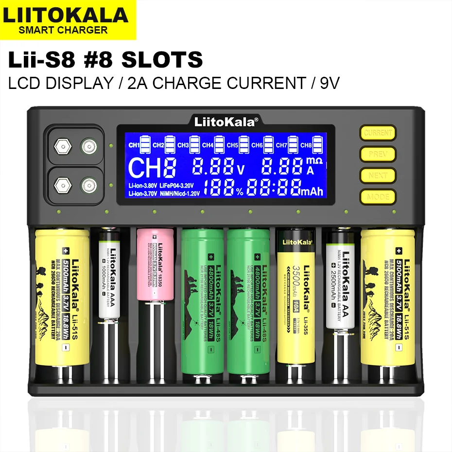 LiitoKala Lii-S8 LCD 18650 Li-ion 3.7V NiMH 1.2V Li-FePO4 3.2V IMR 3.8V For 26650 21700 26700 18350 AA AAA 9V Battery Charger