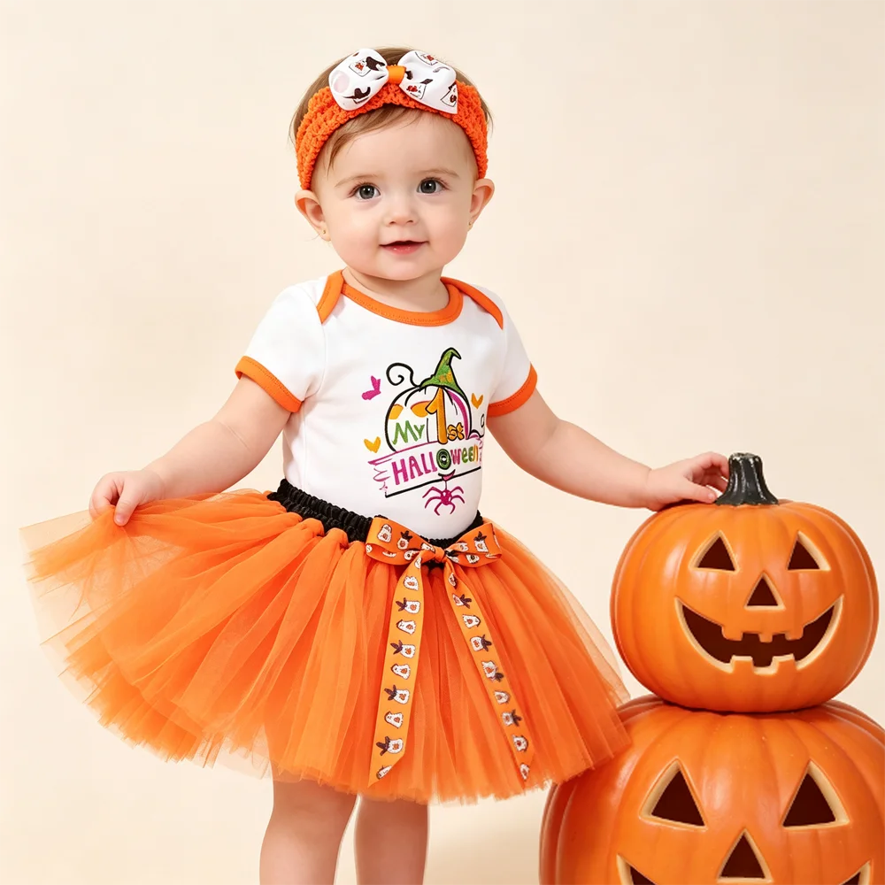 My First Halloween Baby Girl Outfit Short Sleeve Romper Orange Tutu Skirt with Bow Headband Infant Costume for Party Photo Shoot