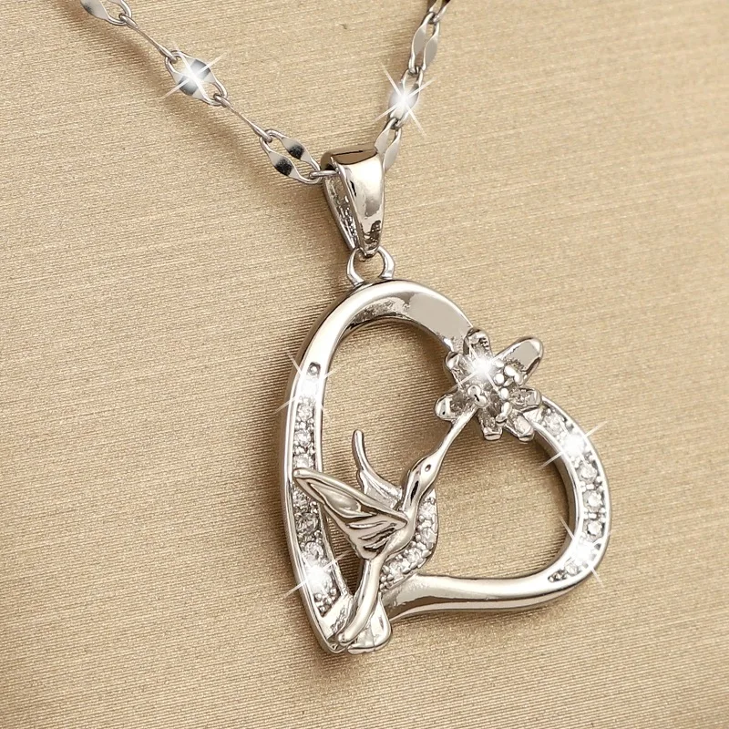 White Zircon Love Heart Pendant Unique Hummingbird Flower Necklaces For Women Trendy Silver Color Chain Animal Jewelry Accessory