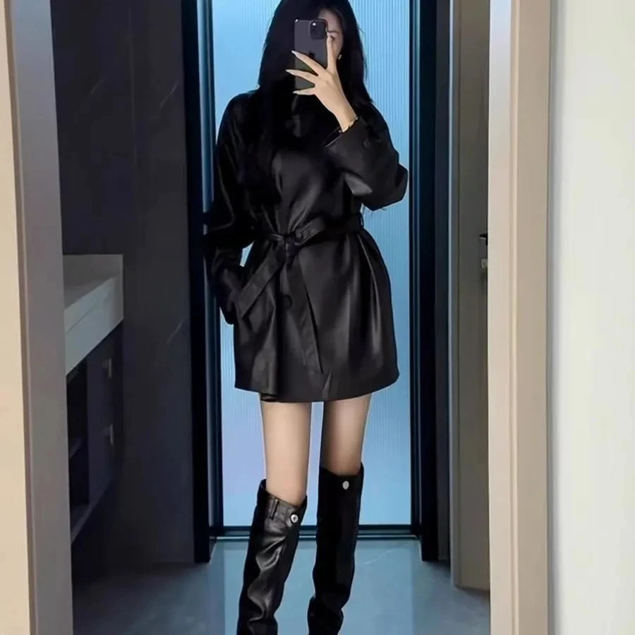 고급 레트로 2025 가죽 재킷 루즈핏 및 허리 조임 스타일 신상 중장기 패션 캐주얼 윈드브레이커 재킷