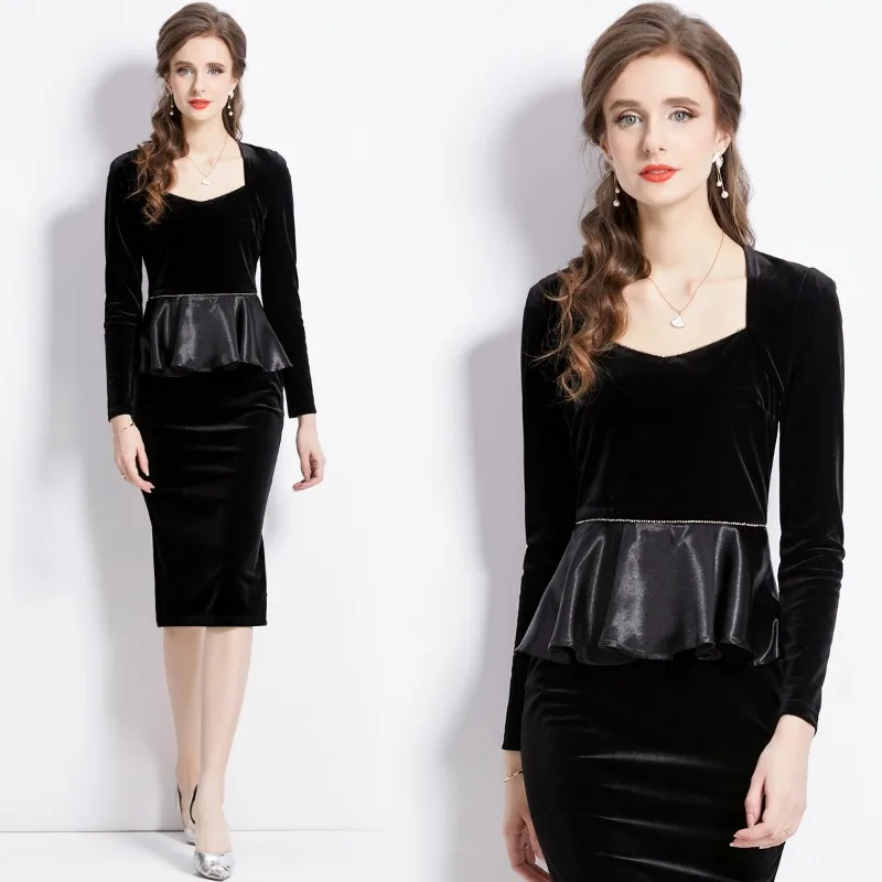 Wholesale Elegant Office Professional Wind Light Mature Wind Black Wrap Buttock Dress Velvet Skirt