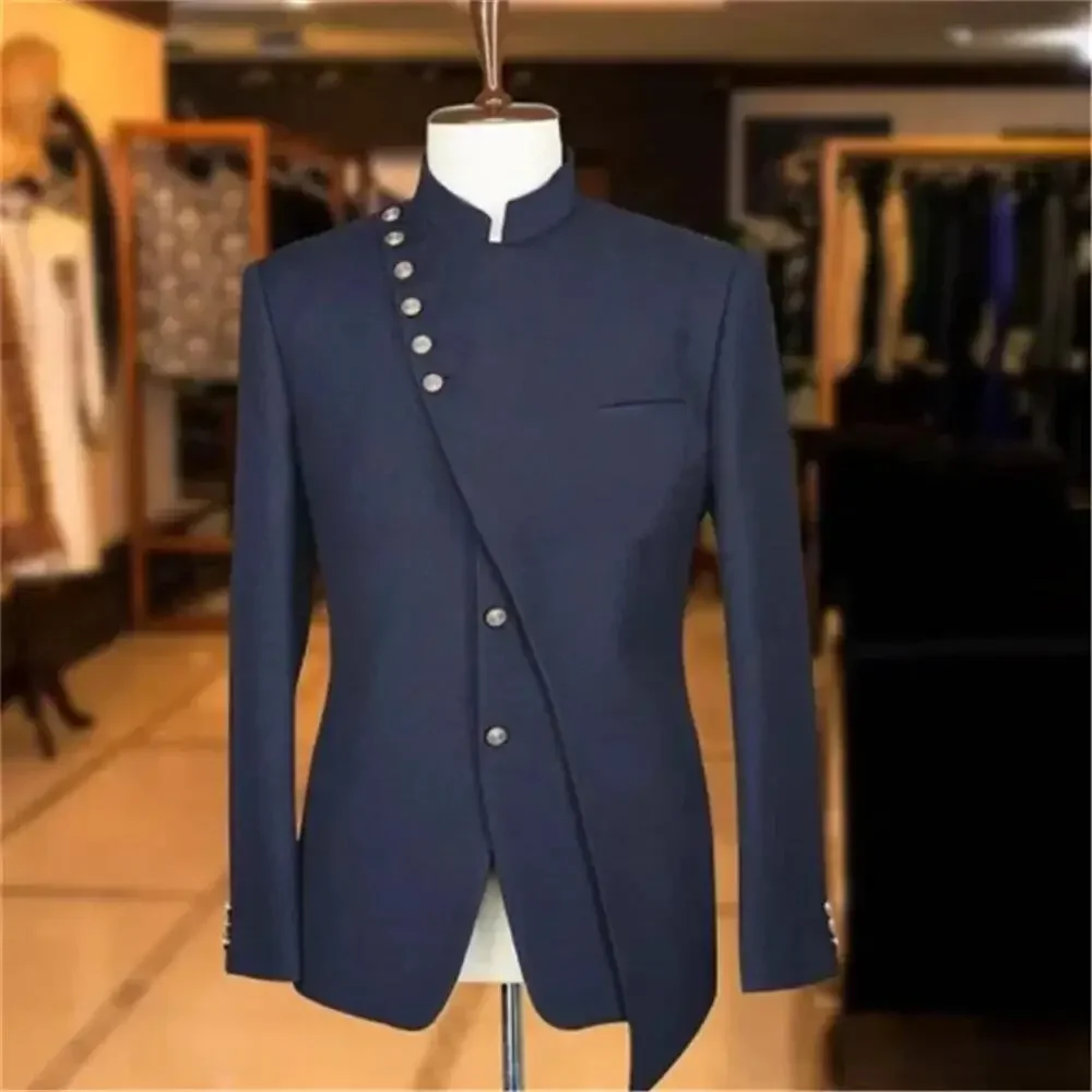 

Fashion Navy Blue Male Blazer One Piece Latest Design Stand Collar Single Breasted Coat Slim High-quality Elegant Solid Jacket