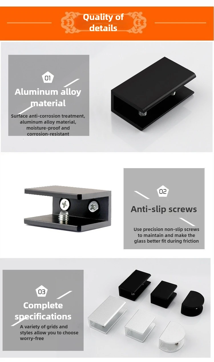4 Stück Glasklemmenhalter Regalclip Aluminiumhalterung für 5mm 6mm 8mm 10mm 12mm dicke Platten Quadratische Glasklemmen – Detail 1