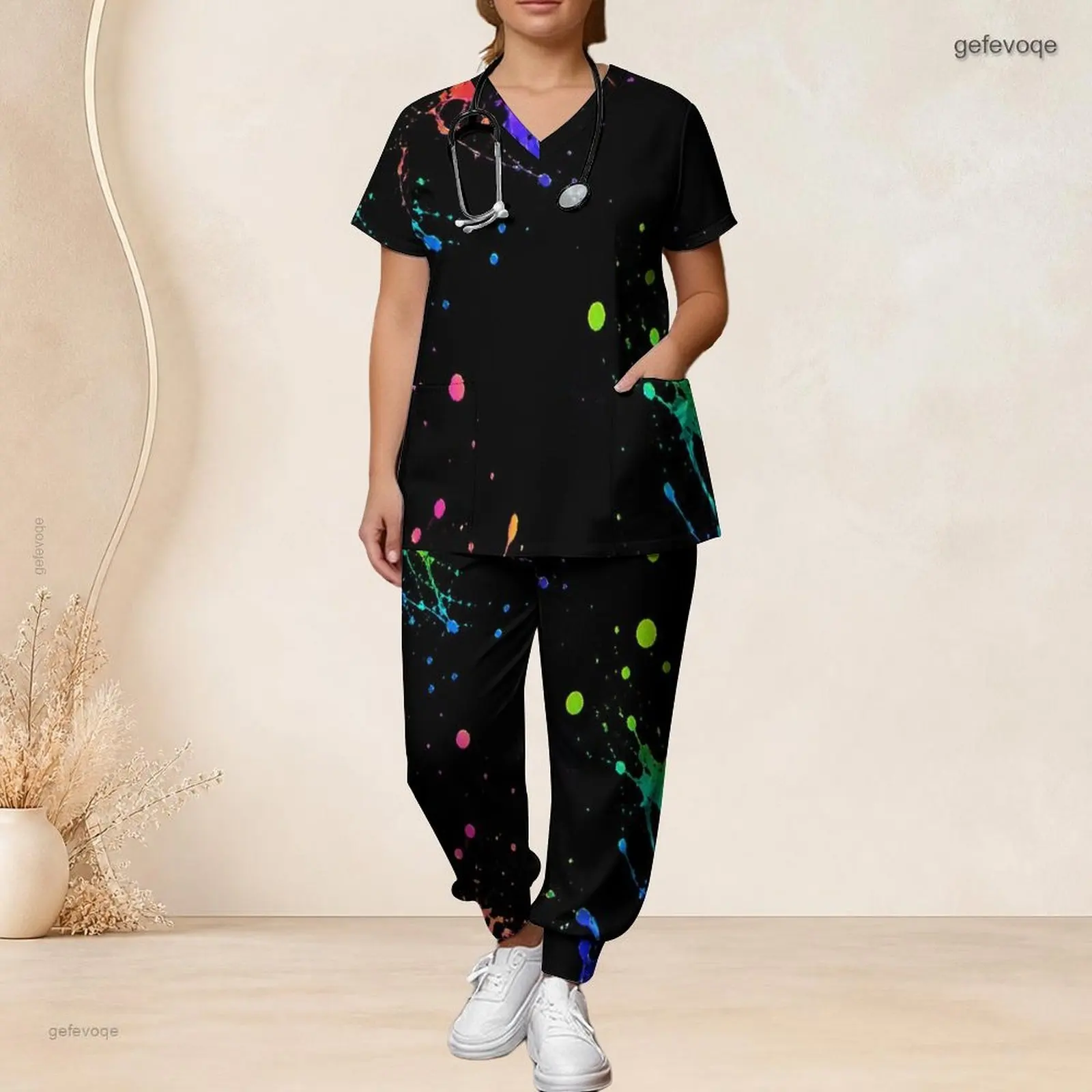 V Neck Short Sleeve Pocket Top Long Pants Two Piece Printed Scrub Set for Women