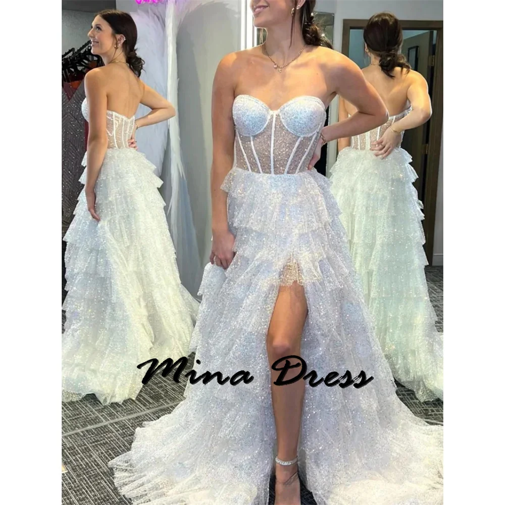 

Mina Customized Sleeveless Women Evening Dress Evening Dress Stylish Wedding Dresses Slit Layered Sequins Backless Strapless