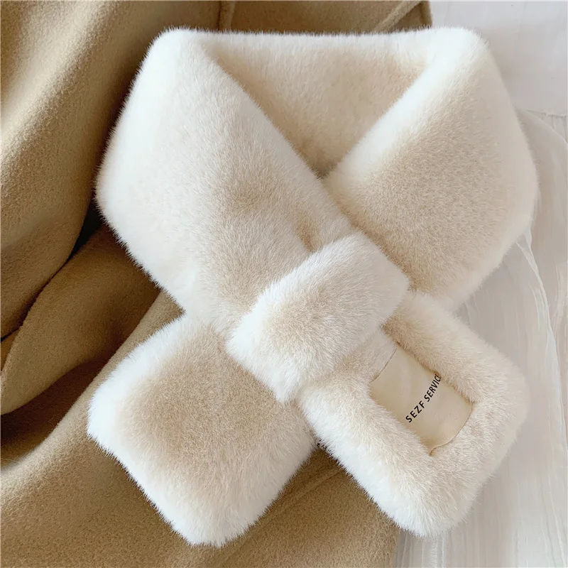 Women Winter Warm Thicken Scarfs Solid Color Faux Rabbit Fur Plush Cross Collar Scarf Shawl Elegant Warm Soft Comfortable Scarf