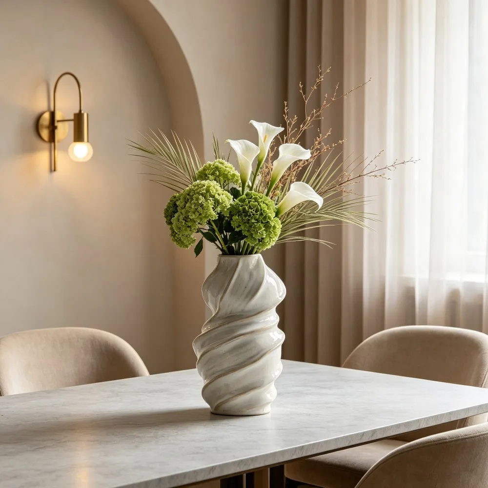 Modern Sculptural Swirl‑Ribbed Ceramic Vase Off‑White Textured Creative Table Centerpiece for Bedroom Entryway Home Decoration