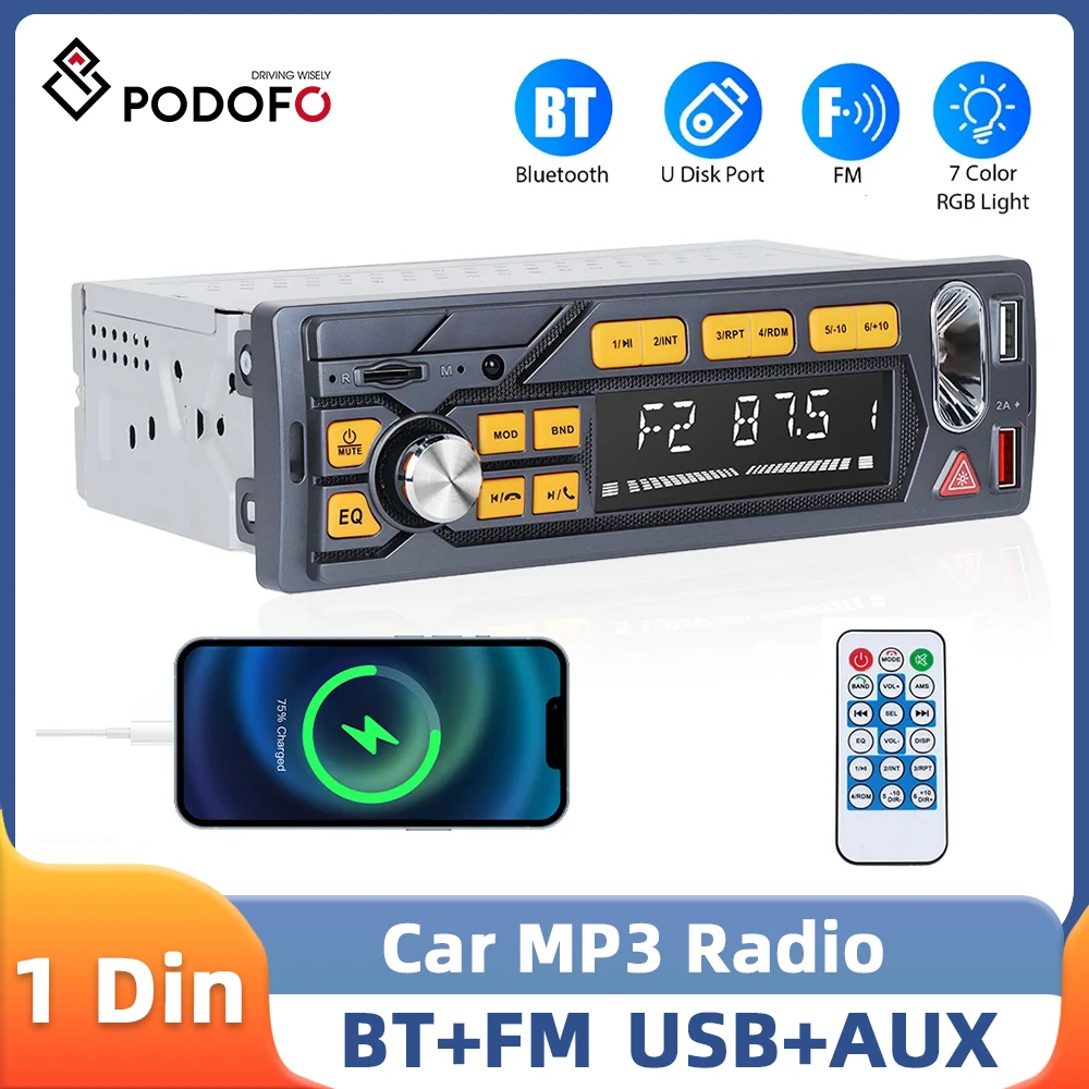 Podofo 1Din In-Dash Car Radio Stereo MP3 Player Multimedia Player Emergency Light Bluetooth TF Card USB Charging RCA Car Radio