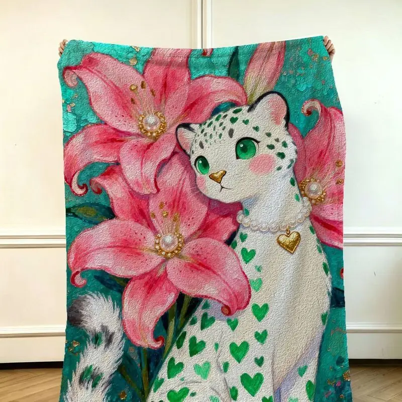 VIKAMA Heart Spotted Leopard Flannel Throw Blanket Pink Lily Oil Painting Print Soft Warm Sofa Bedroom Aesthetic Decor Gift