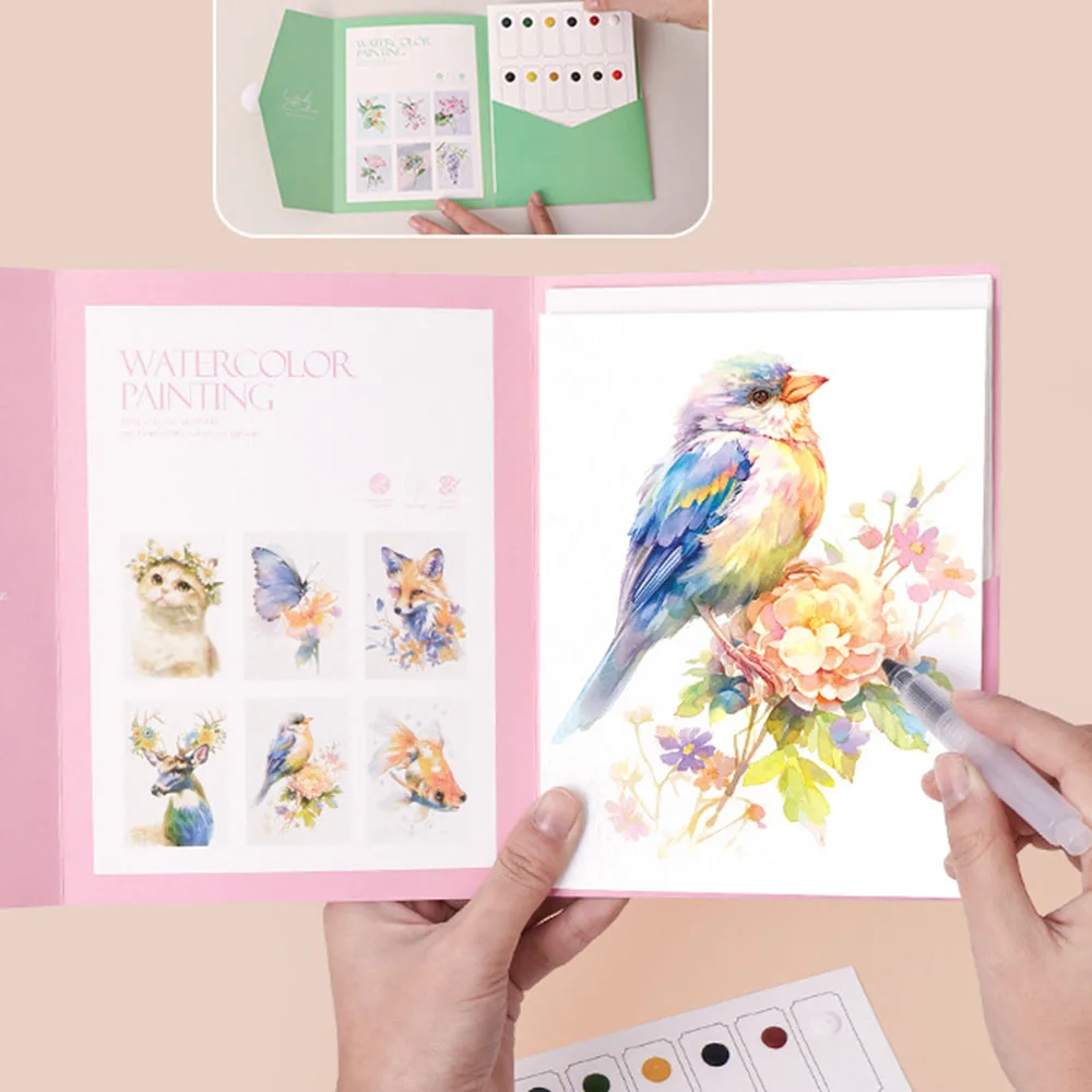 Kit da 6 fogli per pittura ad acquerello con pennelli, colori e libro da colorare, disegno, scuola d'arte, cancelleria, regalo per ragazzi e ragazze, giocattolo da viaggio