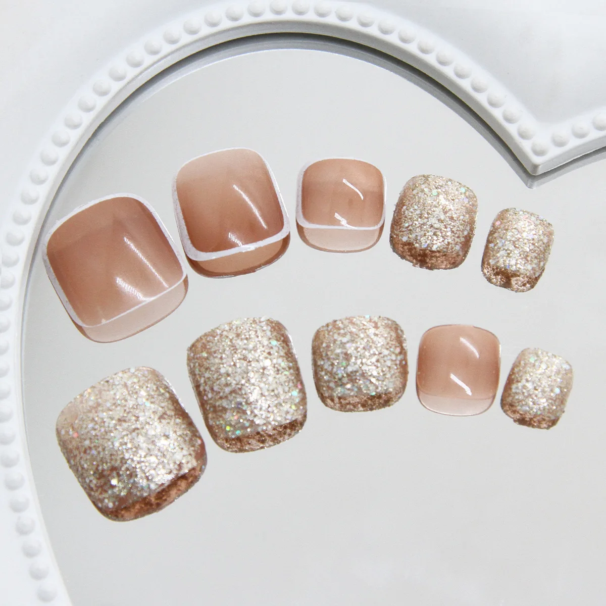 24 قطعة من أطراف أصابع القدم الفرنسية اضغط على الأظافر - بريق برتقالي مع حدود بيضاء وتأثير ثلجي شفاف أظافر صناعية مع أدوات ارتداء #4