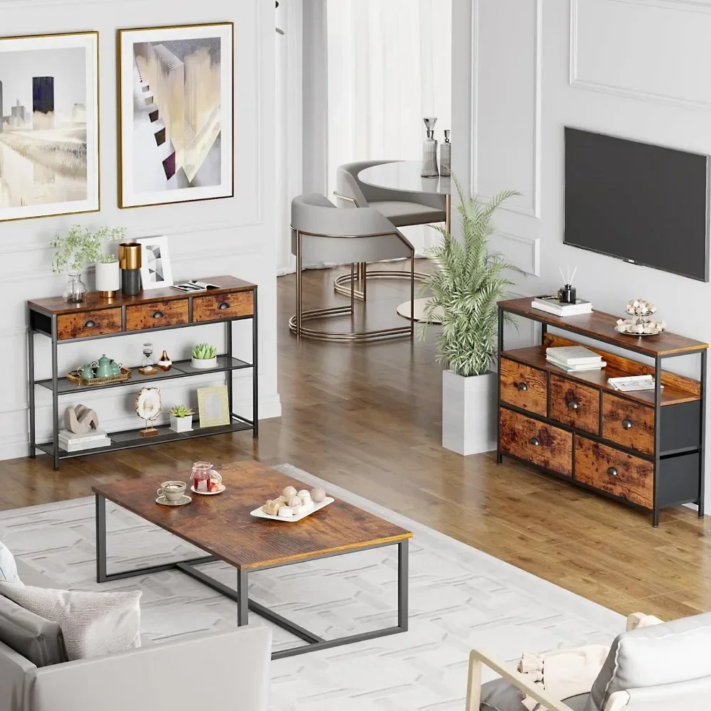 Entryway Table,38 Console Sofa Table with3Fabric Drawers,Industrial Entry Way Table with Storage Shelves, Display Shelf image 5
