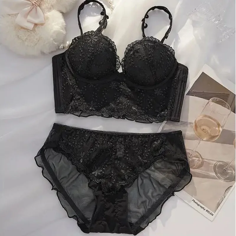 Lace Brassiere Bras and Panty Sets for Women Push Up Sexy Embroidery Lingerie Set Y2k Tops Underwear Bralette Mujer Lenceria