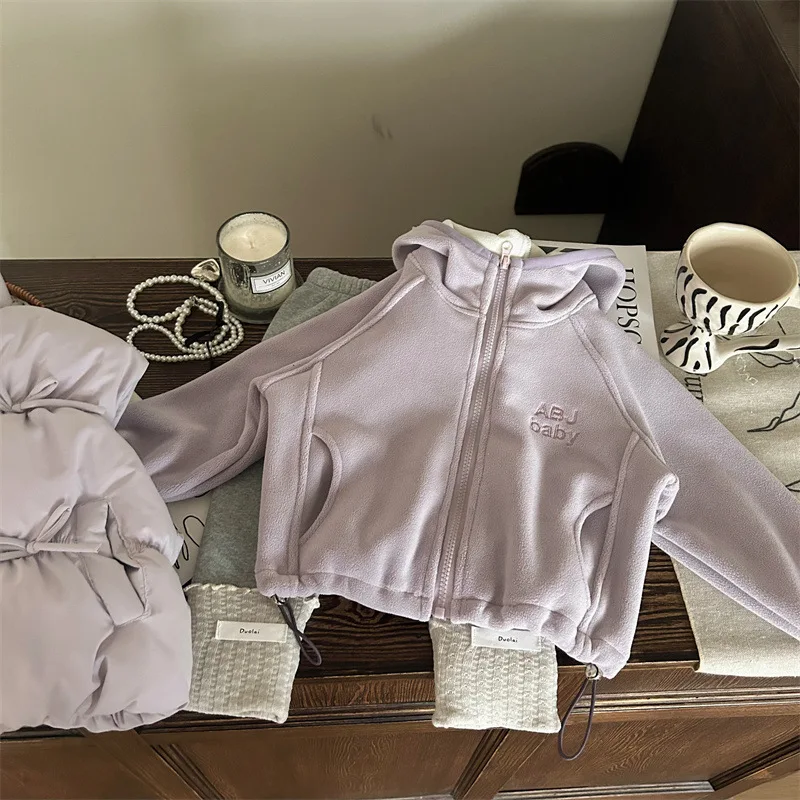 Girls Suit 2024 Winter New Childrens Wear Korean Style Baby Girl Austrian Grain Fleece Coat Plus Fleece Leggings Two-piece Set