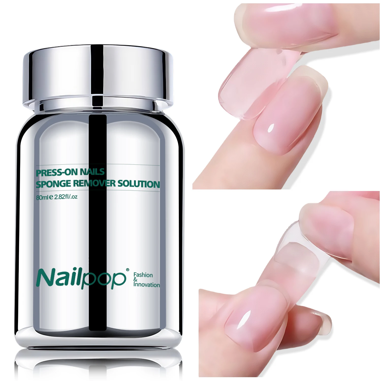 Nailpop press-on unhas esponja removedor solução 80ml rápido 3 segundos suave nenhum dano reutilizável unhas removedor de cola para pontas de unhas falsas