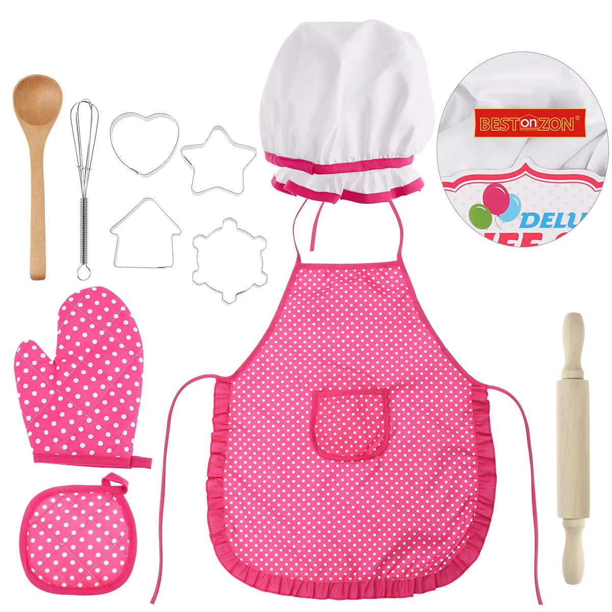 11-teiliges komplettes Küchenspielset für Kinder, rosa Kostüm, Rüschenbesatz, verstellbare Schürze, Hut, Holzlöffel, Nudelholz
