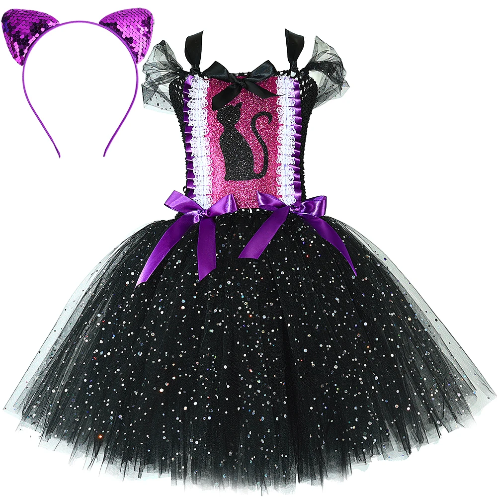 

Sparkly Black Cat Ballet Tutu Dress for Girls Animal Halloween Costumes for Kids Twinkle Kitty Princess Tutus Birthday Outfits