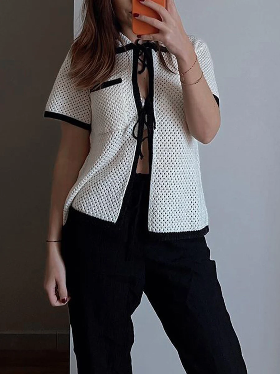 Women s Tie Front Crochet Cardigan Short Sleeve Contrast Color Knit Sweaters Hollow Out Open Front Shrug Top