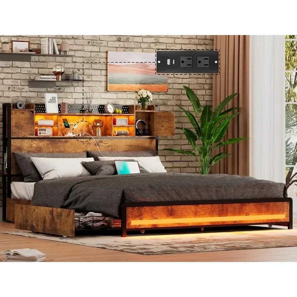 

y Queen Size Bed Frame with Storage Drawers and Bookcase Headboard, LED Frame with Type-C & USB Ports Bed