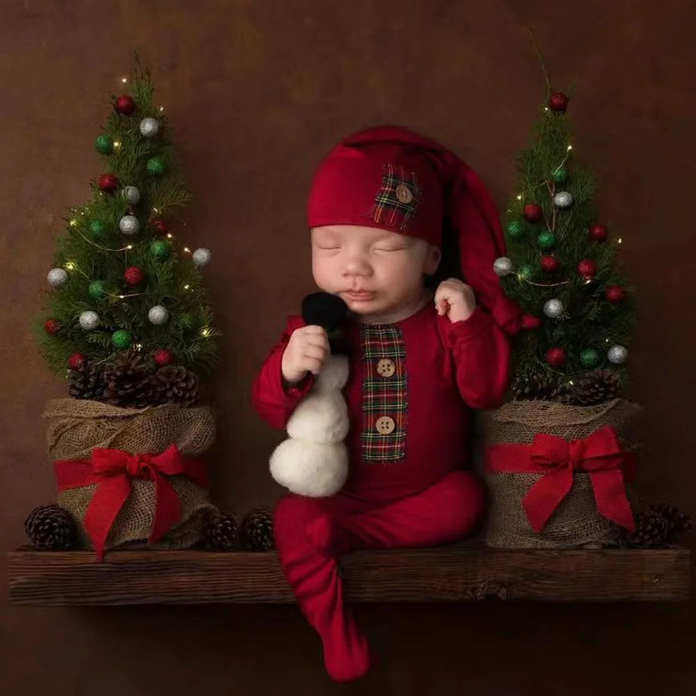 Traje de recién nacido, accesorios de fotografía para recién nacido, mono con sombrero de bola de piel, pelele, ropa de fotografía de Navidad