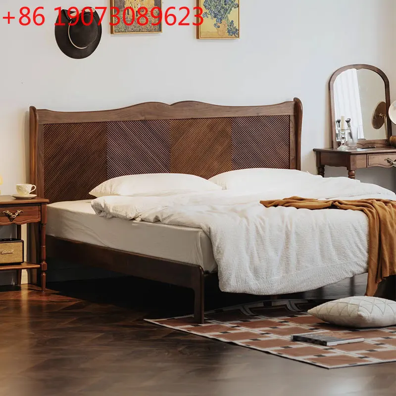 

Fishbone solid wood bed retro North American black walnut bed Nordic style master bedroom furniture