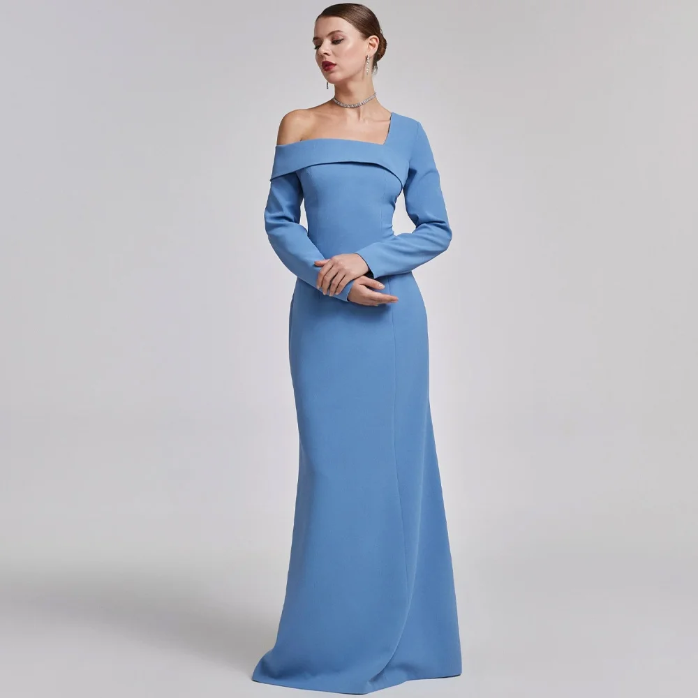カスタマイズされたオフショルダーブルークレープ A ラインイブニングドレスジャージサウジアラブウエディングドレスフォーマル高品質パーティードレス女性のための